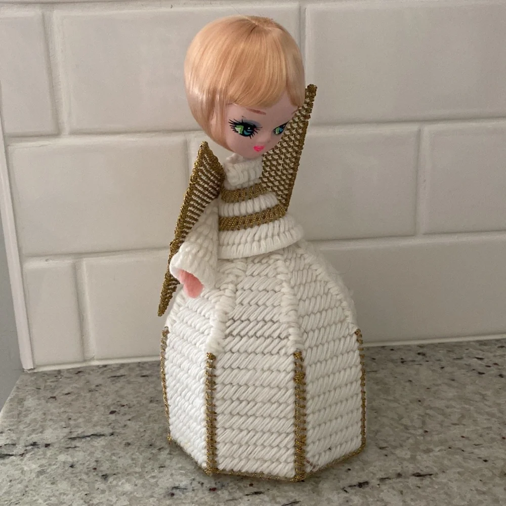 Midcentury needlepoint angel tree topper
